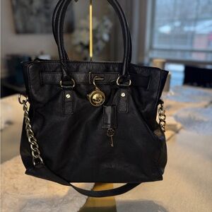 Michael Kors Hamilton Black Leather Shoulder Bag with Gold Lock key  Hardware